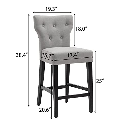 Set of 2 Gray Fabric Barstools with Wood Legs - 25 inch Counter Height for Home Use