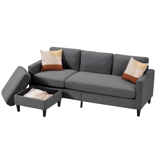 L Shaped Modular Couch for Living Room or Apartment, 3 Seat, 74inch, Dark Grey