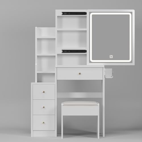 Modern Makeup Vanity Desk with Sliding Mirror, Lights, and Storage, White