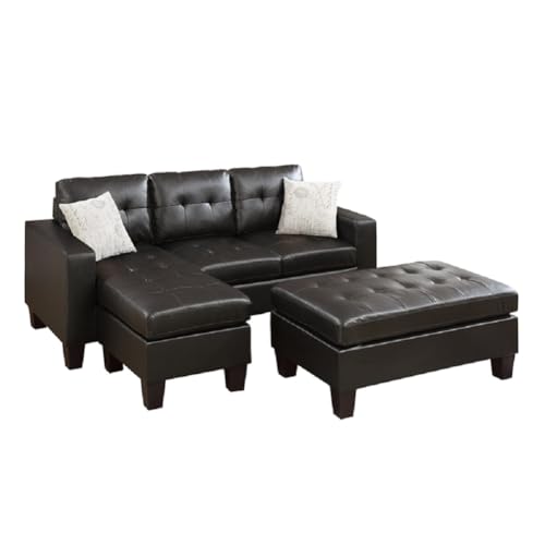 Classic Leather Reversible Sectional Sofa with Tufted Ottoman Chaise