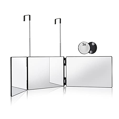 3 Way Hair Cutting Mirror with Adjustable Height Hooks and 5X Magnification, for Makeup and Hair Styling.