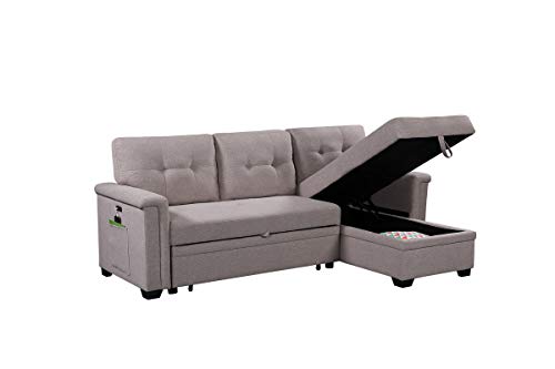 Pink Small Sectional Sofa Bed with Storage Chaise and USB Ports for Living Room or Bedroom