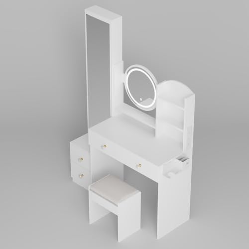 Makeup Vanity Desk with Mirror, Full Body Mirror Cabinet, and Stool for Women