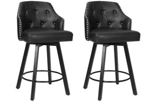 26 Swivel Leather Bar Stools Set of 2, Black Counter Height with Tufted Back and Metal Legs, Upholstered Chairs for Kitchen Island (Button Tufted and Rivet)