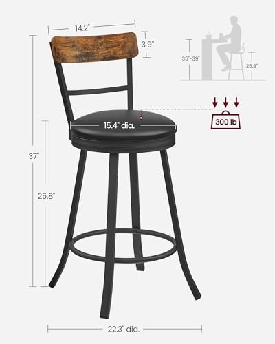 Swivel Bar Stool with Back for Kitchen Island, Black and Rustic Brown