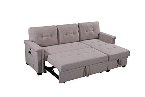 Pink Small Sectional Sofa Bed with Storage Chaise and USB Ports for Living Room or Bedroom