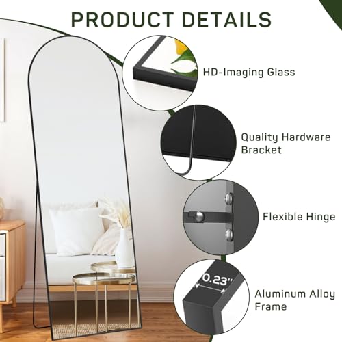 Arched Full-Length Mirror, 16x59 with Shatter-Proof Glass, Floor Standing or Leaning, Aluminum Frame for Bedroom or Cloakroom