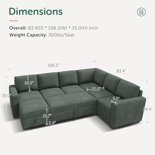 Modular Sectional Sleeper Sofa with Pull Out Bed for Living Room, Green