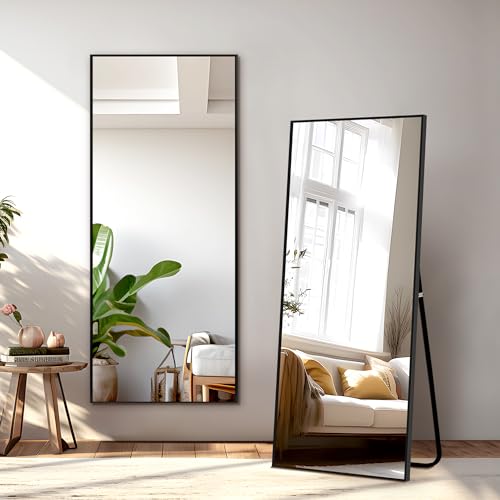 Full Length Mirror with Stand, 56x19 Aluminum Frame Floor Mirror, Black - for Bedroom and Living Room