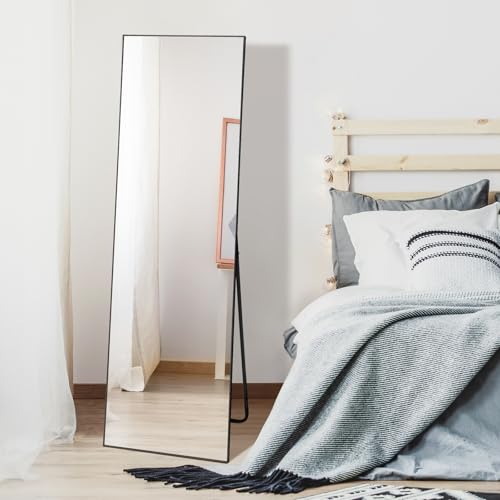Floor Mirror with Stand, 59x16 Aluminum Alloy Frame for Livingroom Home Decor, Free Standing or Wall-Mounted, Black