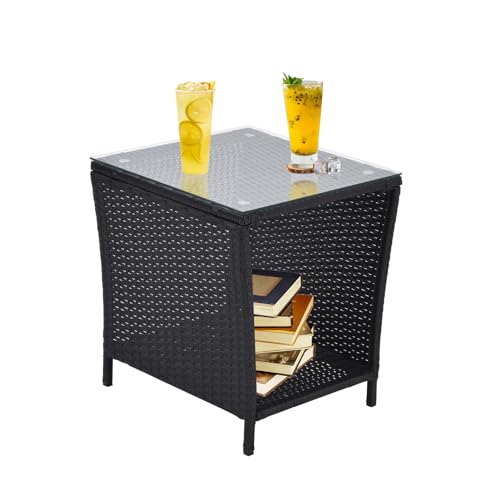 Black Outdoor Rattan & Steel Coffee Table with Storage, Patio Bistro Furniture