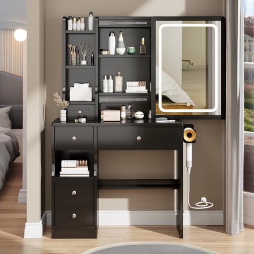 Makeup Vanity Desk with Sliding Mirror, Lights, and Storage for Modern Users.