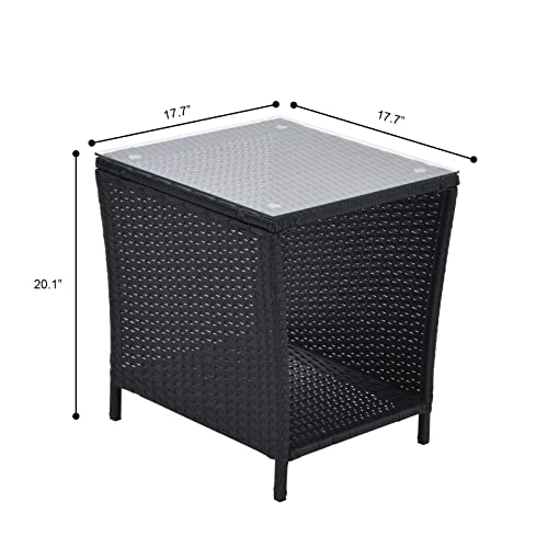Outdoor Side Coffee Table with Storage Shelf, Rattan and Steel Frame, Patio Furniture Square, Bistro Table for Garden, Porch, and Pool Area (Black)