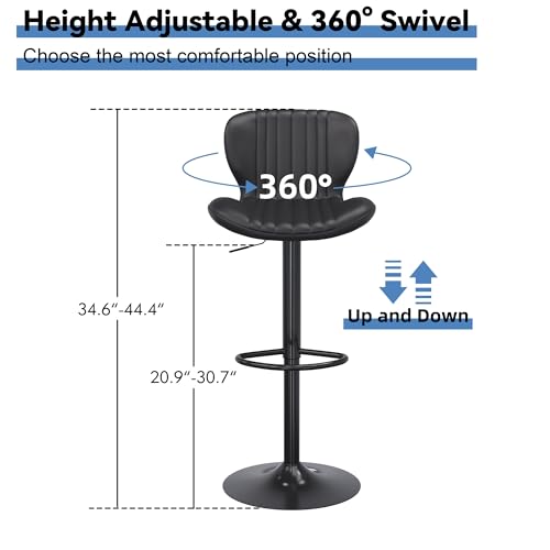 Modern Leather Bar Stools Set of 2 for Kitchen, Black