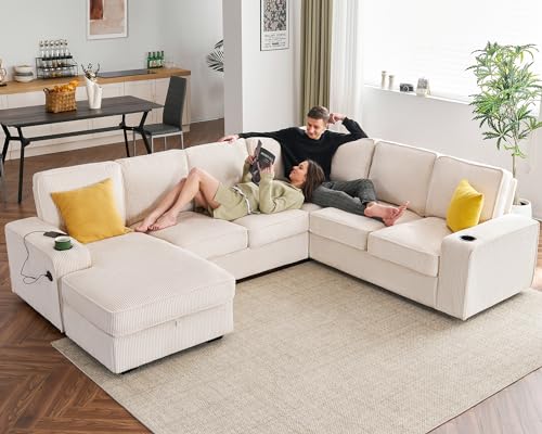 Beige Oversized U-Shaped Sectional with Storage Chaise, USB Ports, Cup Holder