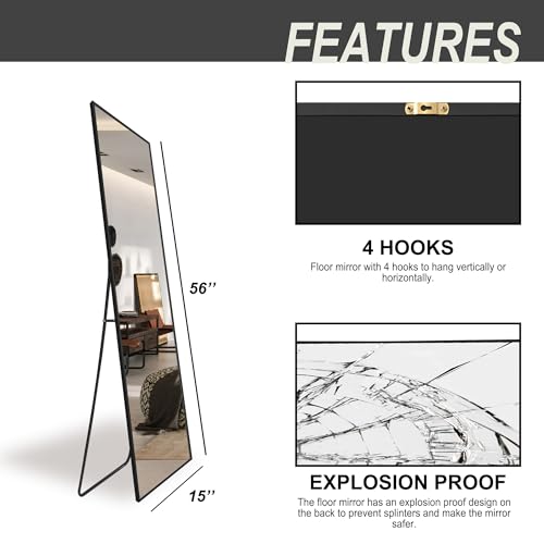 Full Length Standing Mirror for Bedroom and Living Room - Black Aluminum Frame (56x15)