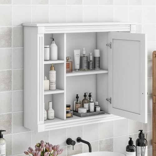 Modern Medicine Cabinet with Mirror and 6 Open Shelves for Bathroom and Kitchen, White