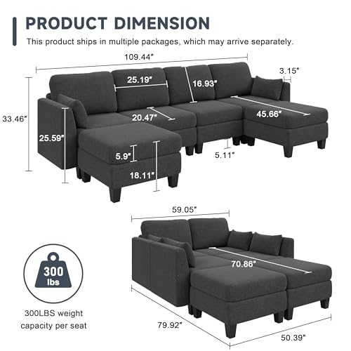 Comfortable U Shaped Modular Sectional Sofa with Memory Foam for Living Room, Dark Grey