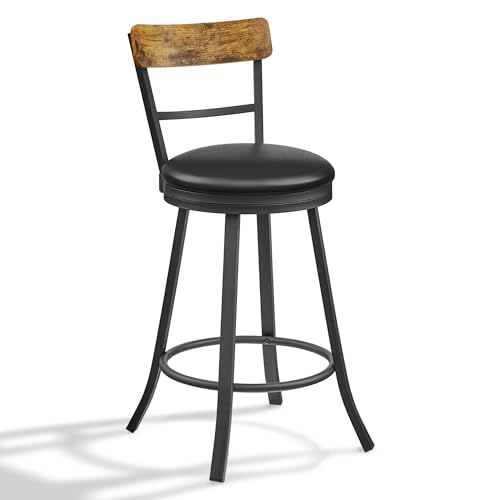 Swivel Bar Stool with Back for Kitchen Island, Black and Rustic Brown