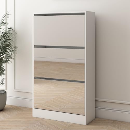 CDT MEDIA Narrow Shoe Cabinet with Flip Drawers and Mirror