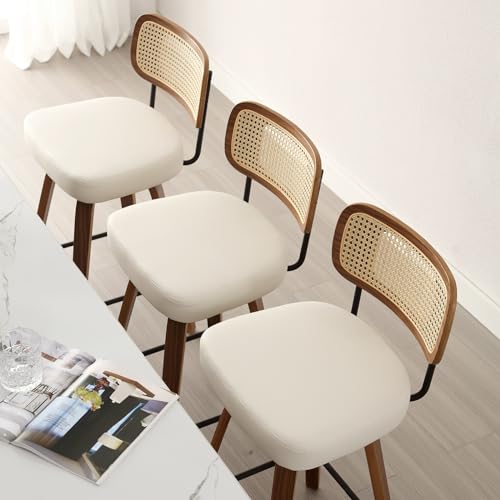 3 Swivel Bar Stools with Rattan Back in Cream White