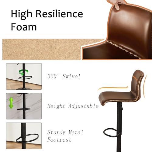 Swivel Counter Height Bar Stools with Back, Adjustable 24 to 32, Brown Faux Leather - Set of 2