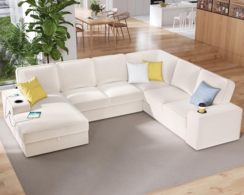 Oversized U-Shaped Sectional Sofa with Storage Chaise, USB Ports, Cup Holder - Beige