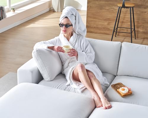 Oversized Down Filled Modular Sectional Sofa, 4 Seats L Shaped Couch with Chaise, Ottoman - Comfy White Linen Couch Set for Living Room