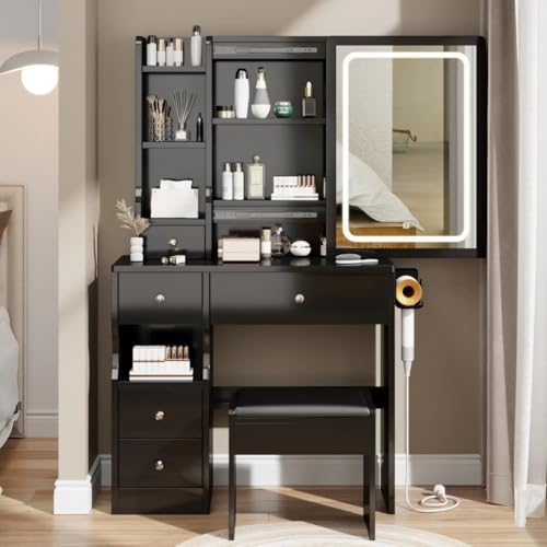 Makeup Vanity Desk with Sliding Mirror, Lights, and Storage for Modern Users.