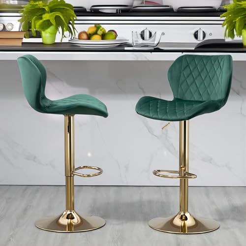 Modern Velvet Swivel Bar Stools Set of 2 - Green & Gold