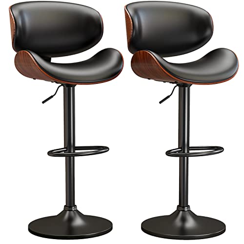 Modern Adjustable Bentwood Barstools Set of 2 for Kitchen Counter with Back and Footrest - Black