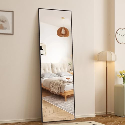 Floor Mirror with Stand, 59x16 Aluminum Alloy Frame for Livingroom Home Decor, Free Standing or Wall-Mounted, Black