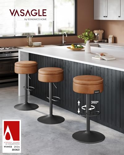 Mid-Century Modern Bar Stool with Storage and Swivel - Easy Assembly, Caramel Brown