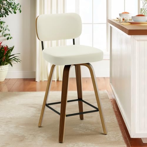 Mid Century Modern Swivel Bar Stools for Kitchen Counter, 26 Height, Cream White