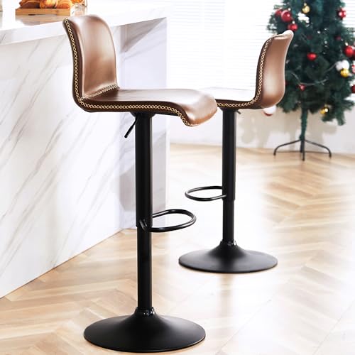 Swivel Counter Height Bar Stools with Back, Adjustable 24 to 32, Brown Faux Leather - Set of 2