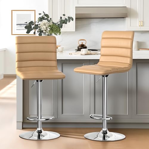 Modern Adjustable Barstools: Set of 2 Swivel PU Leather Stools for Kitchen Island/Counter (Sand Color)