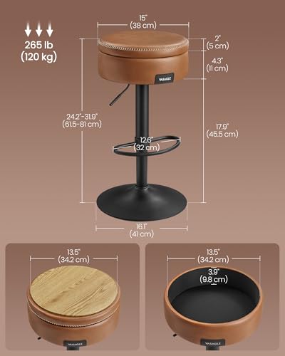 Mid-Century Modern Bar Stool with Storage and Swivel - Easy Assembly, Caramel Brown