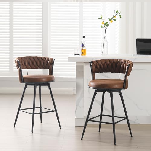 Brown Upholstered 2-Pack 26 Bar Stool Set with Swivel Backrest