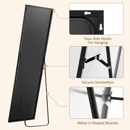 Floor Mirror with Stand, 59x16 Aluminum Alloy Frame for Livingroom Home Decor, Free Standing or Wall-Mounted, Black