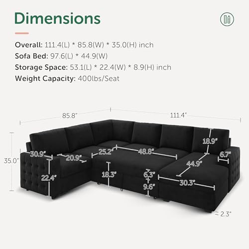 Sectional Sleeper Sofa with Pull-Out Bed and Storage for Living Room, Black Velvet