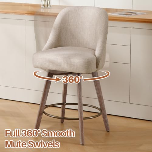 Mid-Century Swivel Barstools Set, Linen Fabric, 26" Seat - Sand Color