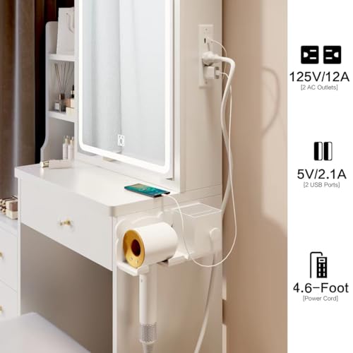 Modern Makeup Vanity Desk with Sliding Mirror, Lights, and Storage