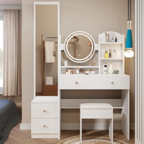 Makeup Vanity Set with Mirror and Storage for Teenagers in White
