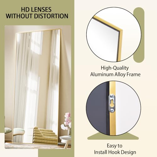 Full Length Floor Mirror with Thin Frame, Shatterproof Tempered Glass, for Living Room, Gold