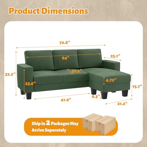Small Green L-Shaped Sectional Sofa for Apartments, Living Rooms, and Offices