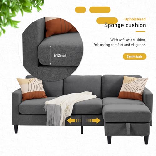 L Shaped Modular Couch for Living Room or Apartment, 3 Seat, 74inch, Dark Grey