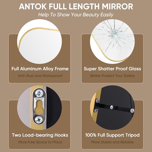 Antok Full Length Mirror: Large Arched Floor Mirror for Bedroom or Living Room, Gold