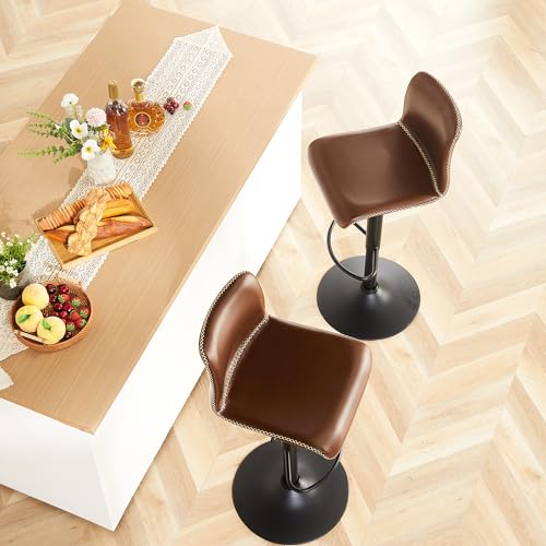 Swivel Counter Height Bar Stools with Back, Adjustable 24 to 32, Brown Faux Leather - Set of 2