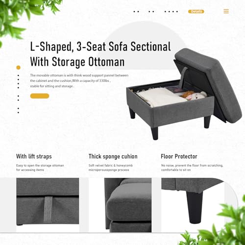 L Shaped Modular Couch for Living Room or Apartment, 3 Seat, 74inch, Dark Grey