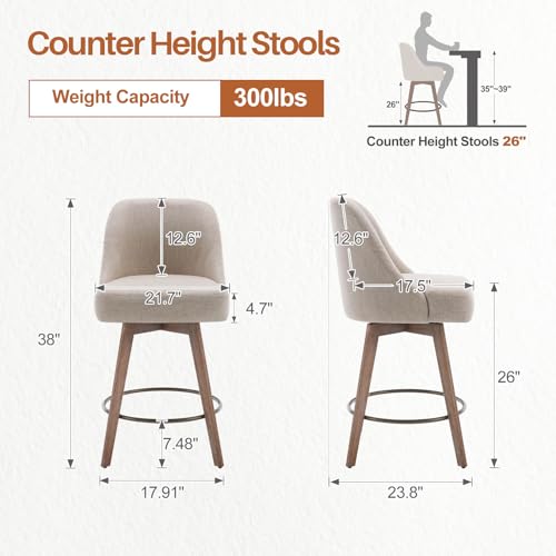 Modern Mid-Century Swivel Barstools Set of 2, Linen Fabric Upholstered, 26 Seat Height - Sand Color (Kitchen Island Counter Stools)